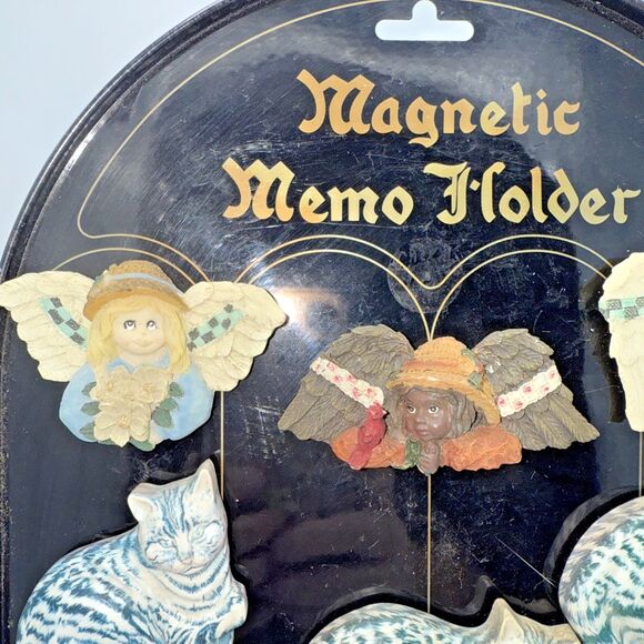 Vintage Magnetic Memo Holder/Board With Cat & Angel Magnets 11”x 9” Black/Gold - Picture 4 of 12